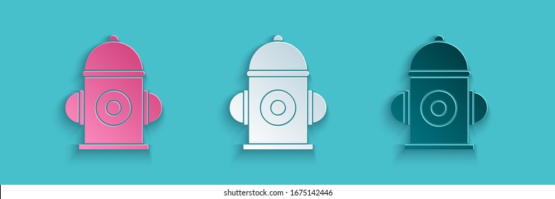 Paper cut Fire hydrant icon isolated on blue background. Paper art style. Vector Illustration