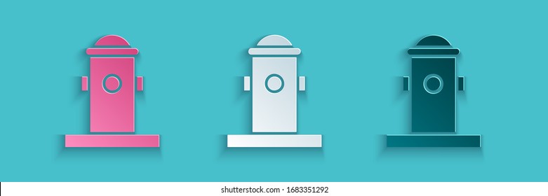 Paper cut Fire hydrant icon isolated on blue background. Paper art style. Vector Illustration