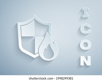 Paper cut Fire protection shield icon isolated on grey background. Insurance concept. Security, safety, protection, protect concept. Paper art style. Vector