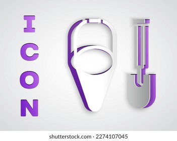 Paper cut Fire shovel and cone bucket icon isolated on grey background. Paper art style. Vector