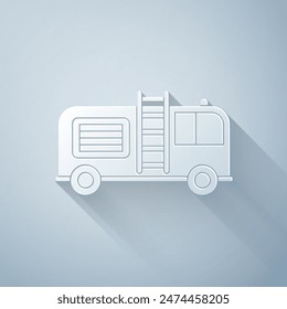 Paper cut Fire truck icon isolated on grey background. Fire engine. Firefighters emergency vehicle. Paper art style. Vector Illustration