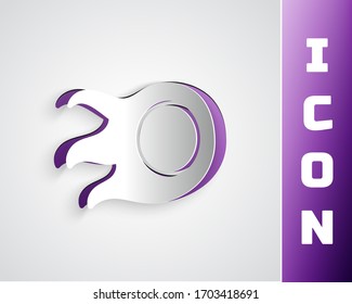 Paper cut Fireball icon isolated on grey background. Paper art style. Vector Illustration