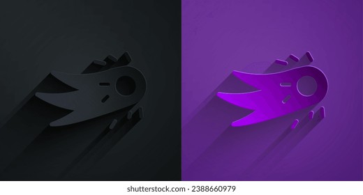 Paper cut Fireball icon isolated on black on purple background. Paper art style. Vector