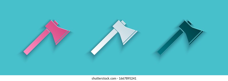 Paper cut Firefighter axe icon isolated on blue background. Fire axe. Paper art style. Vector Illustration