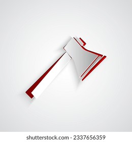 Paper cut Firefighter axe icon isolated on grey background. Fire axe. Paper art style. Vector Illustration