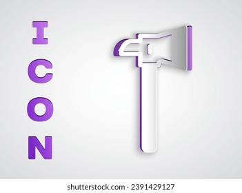 Corte de papel Icono del hacha del bombero aislado en fondo gris. Cera de fuego. Estilo de arte de papel. Vector