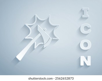 Paper cut Firefighter axe icon isolated on grey background. Fire axe. Paper art style. Vector