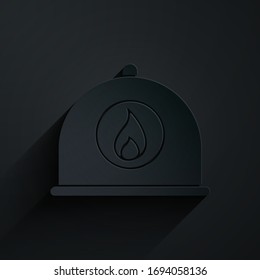 Paper cut Firefighter helmet or fireman hat icon isolated on black background. Paper art style. Vector Illustration