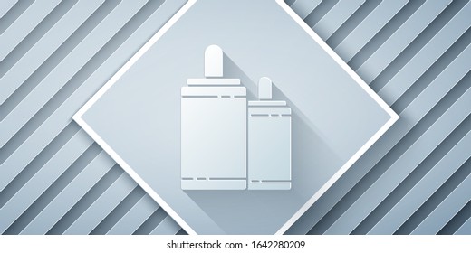 Paper cut Firework icon isolated on grey background. Concept of fun party. Explosive pyrotechnic symbol. Paper art style. Vector Illustration