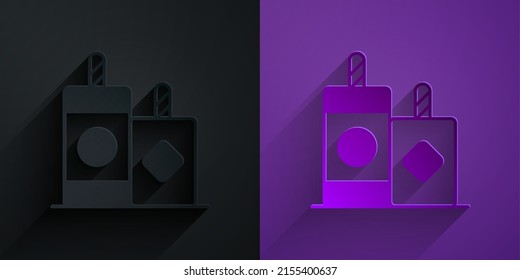 Paper cut Firework icon isolated on black on purple background. Concept of fun party. Explosive pyrotechnic symbol. Lighting firecrackers. Paper art style. Vector