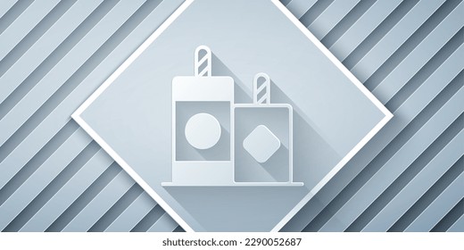 Paper cut Firework icon isolated on grey background. Concept of fun party. Explosive pyrotechnic symbol. Lighting firecrackers. Paper art style. Vector