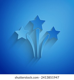 Paper cut Firework icon isolated on blue background. Concept of fun party. Explosive pyrotechnic symbol. Paper art style. Vector