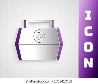 Paper cut First aid kit icon isolated on grey background. Medical box with cross. Medical equipment for emergency. Healthcare concept. Paper art style. Vector Illustration