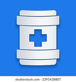 Paper cut First aid kit icon isolated on blue background. Medical box with cross. Medical equipment for emergency. Healthcare concept. Paper art style. Vector