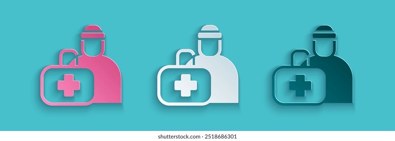 Paper cut First aid kit icon isolated on blue background. Medical box with cross. Medical equipment for emergency. Healthcare concept. Paper art style. Vector