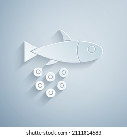 Paper cut Fish with caviar icon isolated on grey background. Paper art style. Vector