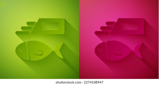 Paper cut Fish and chips icon isolated on green and pink background. Paper art style. Vector