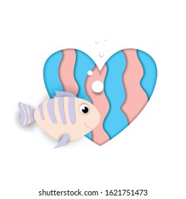 Paper cut fish flow on heart isolated on white background, blue and pink colors design element for baby shower greeting card, Valentine day sticker. Love symbol, 3d Vector Illustration, icon, clip art