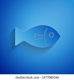Paper cut Fish icon isolated on blue background. Paper art style. Vector Illustration