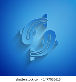 Paper cut Fish icon isolated on blue background. Paper art style. Vector Illustration