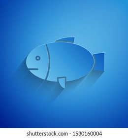 Paper cut Fish icon isolated on blue background. Paper art style. Vector Illustration