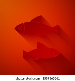 Paper cut Fish icon isolated on red background. Paper art style. Vector Illustration