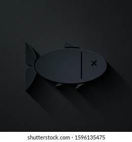 Paper cut Fish icon isolated on black background. Paper art style. Vector Illustration