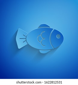 Paper cut Fish icon isolated on blue background. Paper art style. Vector Illustration