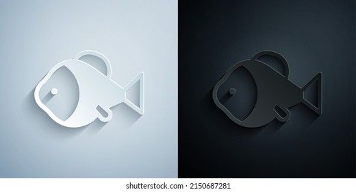 Paper cut Fish icon isolated on grey and black background. Paper art style. Vector