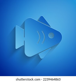 Paper cut Fish icon isolated on blue background. Paper art style. Vector