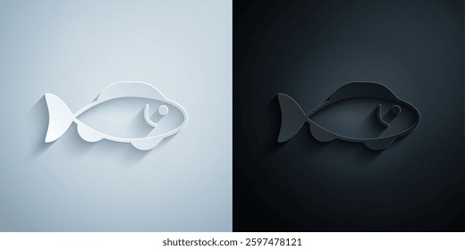 Paper cut Fish icon isolated on grey and black background. Paper art style. Vector