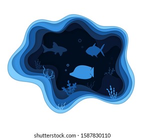 Paper cut fish in ocean. Origami style sea with fishes, coral reef. Water wave and marine life. Underwater wildlife ocean. Paper cut aquarium with fish. 3d Nature art. Isolated vector illustration