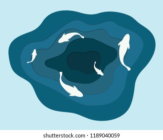 Paper cut. fish on water in pond. polygonal trendy craft style. template background