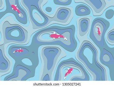 Paper cut. Fish on water in sea. Trendy craft style