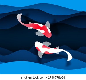 Paper cut. fish on water in pond. trendy craft style. vector illustration.