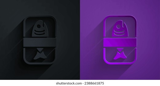 Corte de papel Envase de bandeja de plástico de pescado con icono de cubierta de celofán aislado en negro sobre fondo morado. Estilo de arte de papel. Vector