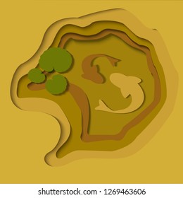Paper cut fish pond with double fish green lotus leaf  golden brown Paper cut