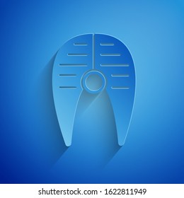 Paper cut Fish steak icon isolated on blue background. Paper art style. Vector Illustration