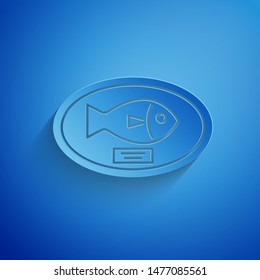 Paper cut Fish trophy hanging on the board icon isolated on blue background. Fishing trophy on wall. Paper art style. Vector Illustration