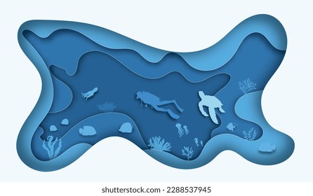 Paper cut  fish, turtle, . Paper craft background under ocean  fishes coral reef Vector sea marine life concept