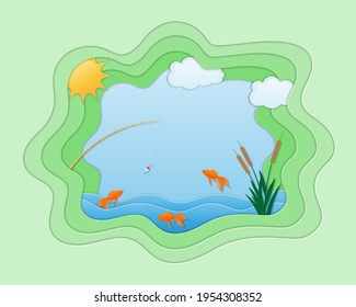paper cut fishing art banner vector illustration background for you design