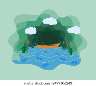 paper cut fishing art banner vector illustration flat style background for you design