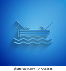 Paper cut Fishing boat with fishing rod on water icon isolated on blue background. Paper art style. Vector Illustration