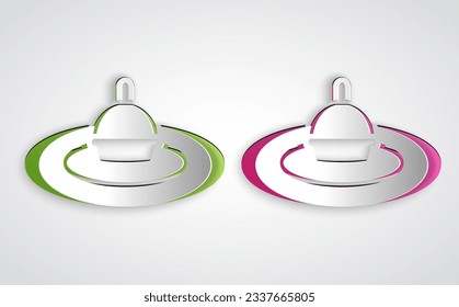 Paper cut Fishing float in water icon isolated on grey background. Fishing tackle. Paper art style. Vector