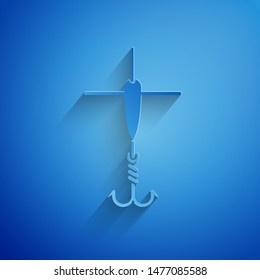 Paper cut Fishing hook and float icon isolated on blue background. Fishing tackle. Paper art style. Vector Illustration