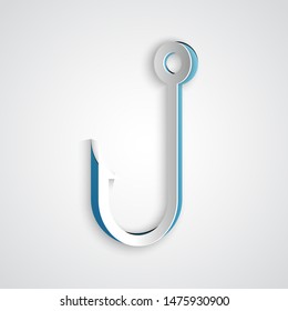 Paper cut Fishing hook icon isolated on grey background. Paper art style. Vector Illustration