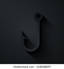 Paper cut Fishing hook icon isolated on black background. Paper art style. Vector Illustration