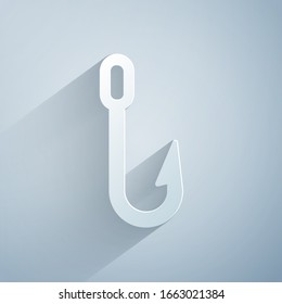 Paper cut Fishing hook icon isolated on grey background. Fishing tackle. Paper art style. Vector Illustration