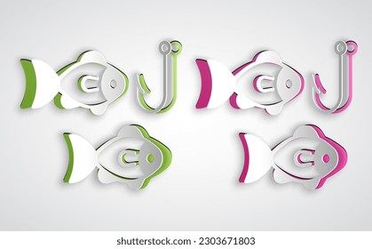 Paper cut Fishing hook under water with fish icon isolated on grey background. Fishing tackle. Paper art style. Vector