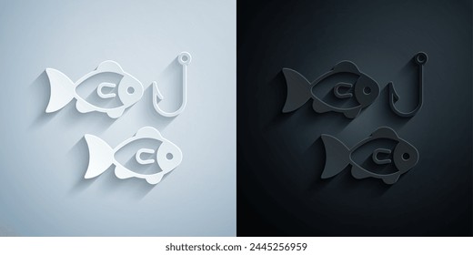 Paper cut Fishing hook under water with fish icon isolated on grey and black background. Fishing tackle. Paper art style. Vector